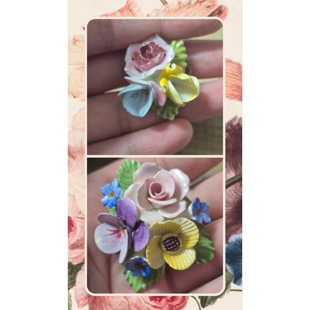 Lot of 2 Vintage Porcelain Hand-painted Flower Brooches Denton China Floral